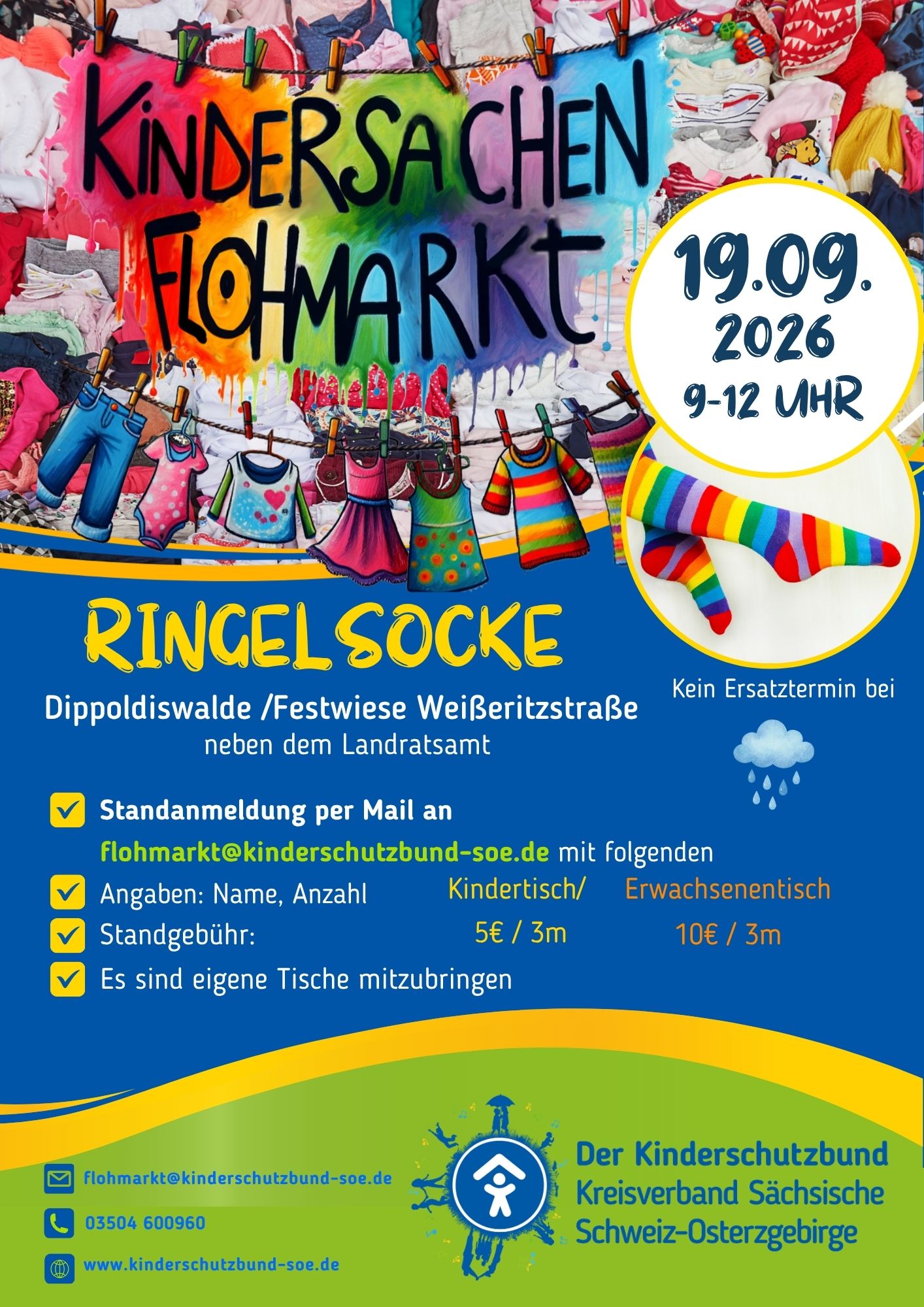 Flyer für den Kindersachen-Flohmarkt "Ringelsocke" am 19.09.2026 in Dippoldiswalde. | © Kinderschutzbund