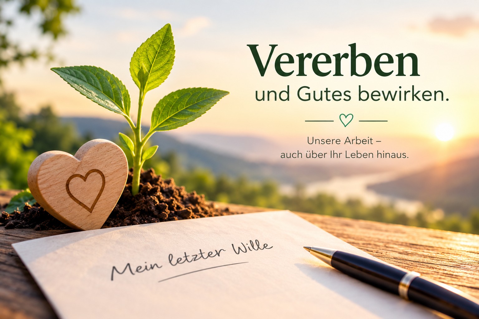 Ein kleines Herz aus Holz steht neben einer Pflanze und einem Brief über das Vererben von Werten und Gütern.